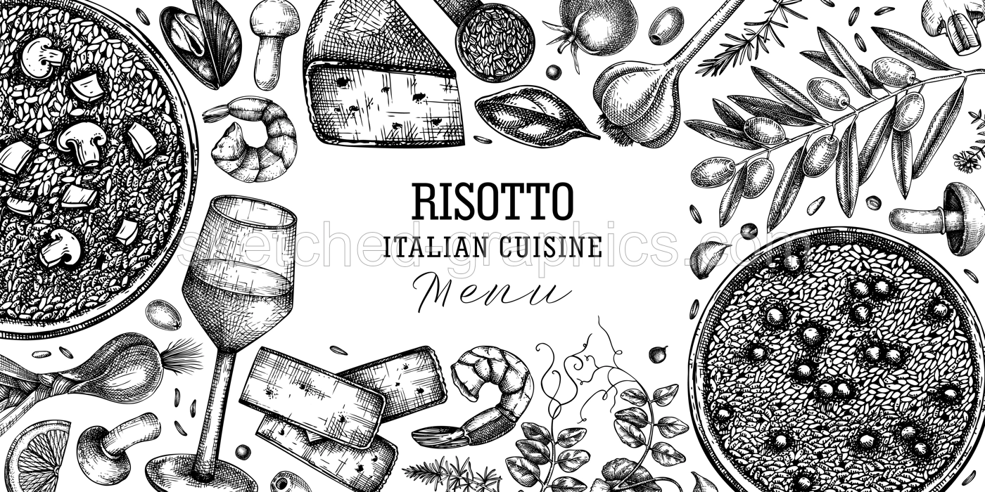  Italian food and drinks vector background. Hand drawn risotto frame. Mediterranean cuisine ingredients - olives, cheese, mushrooms, pea, rice illustrations. Restaurant menu modern design template.  Illustration